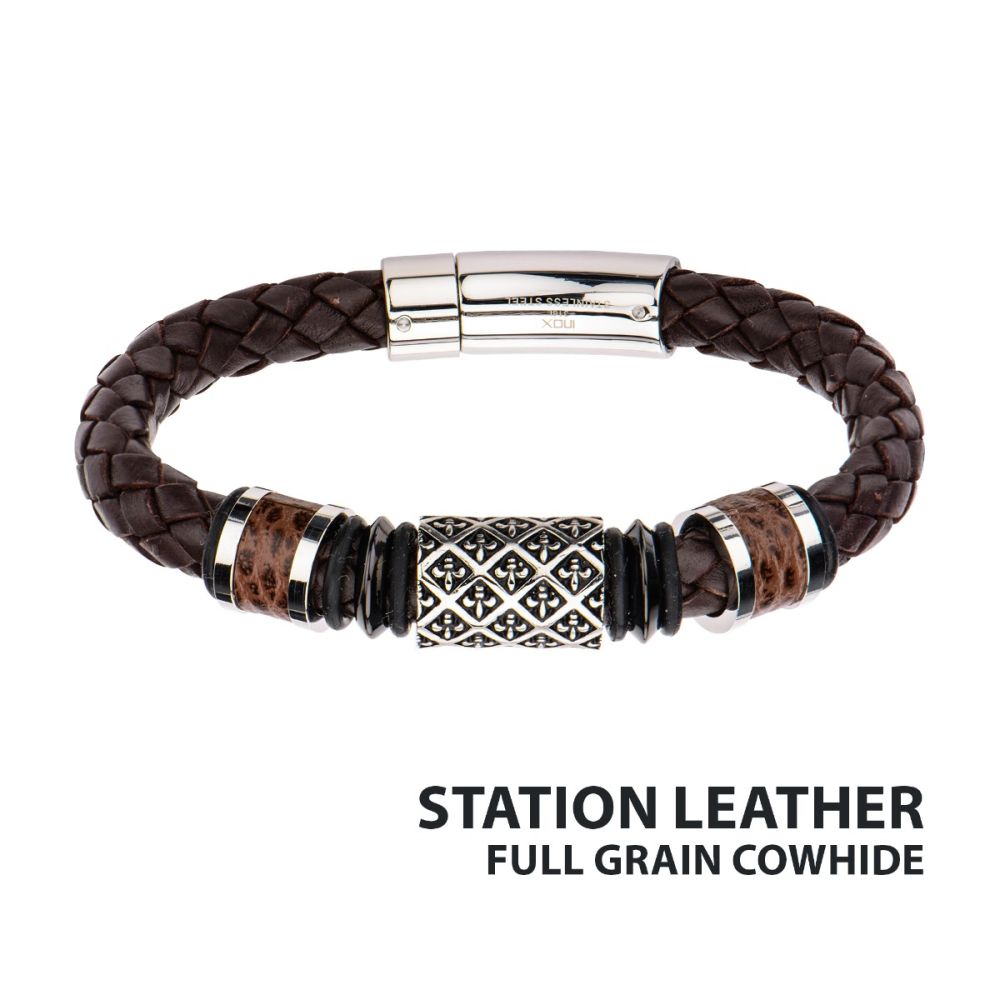 Fleur De Lis Brown Braided Full Grain Cowhide Leather Bracelet