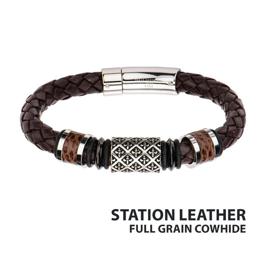 Fleur De Lis Brown Braided Full Grain Cowhide Leather Bracelet