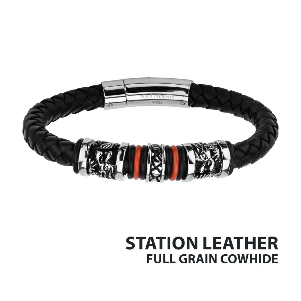 Black Full Grain Cowhide Leather with Red Orange Steel Bracelet