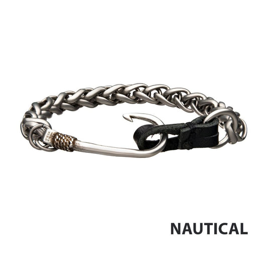 Stainless Steel & Antiqued Finish Hook with Black Leather Chain Bracelet