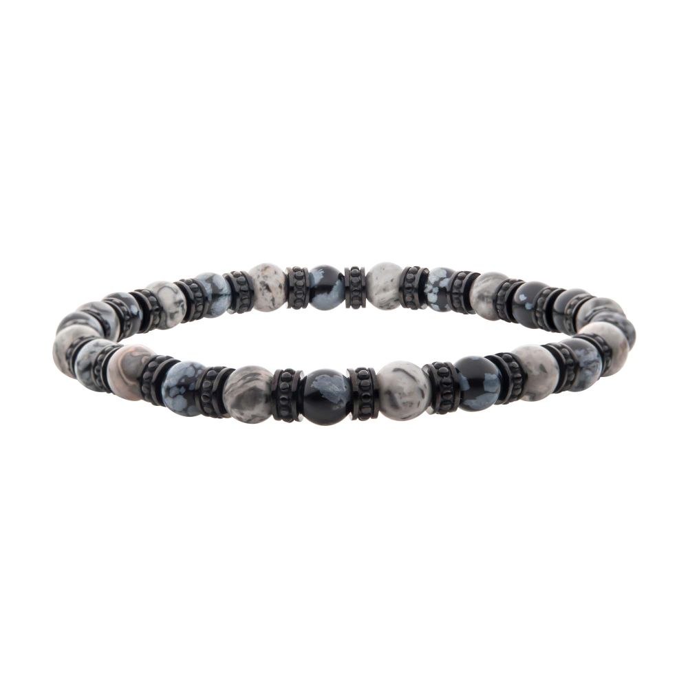 Black Steel Genuine Grey Jasper & Snowflake Obsidian Stone Beads