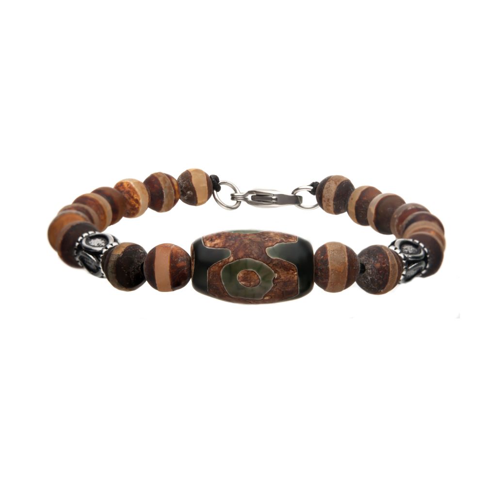 Dzi Tibetan Bead, with Frost Stripe Brown Agate Stone & Steel Amulet Ornaments Bracelet