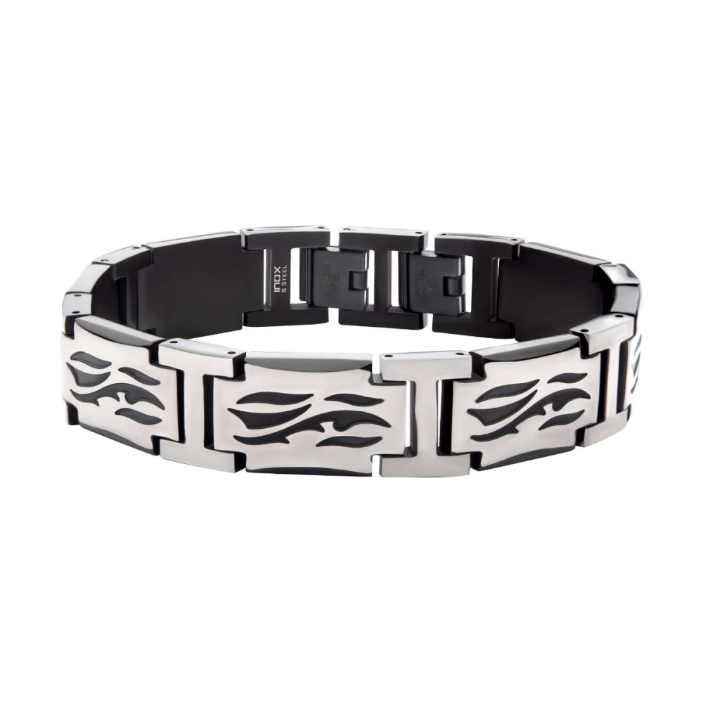 Black IP Steel with Tribal Cut Out Design H-Link Bracelet