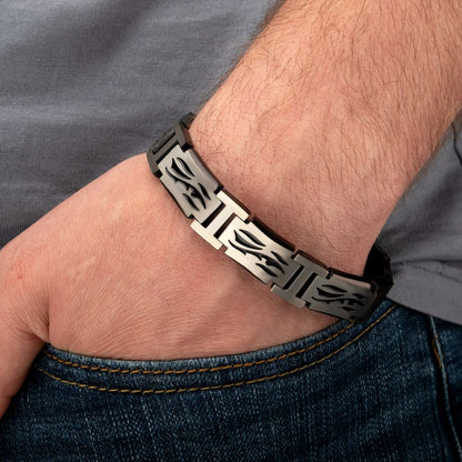 Black IP Steel with Tribal Cut Out Design H-Link Bracelet