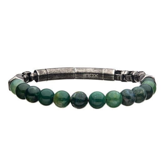 Moss Agate Beads & Box Chain Bracelet