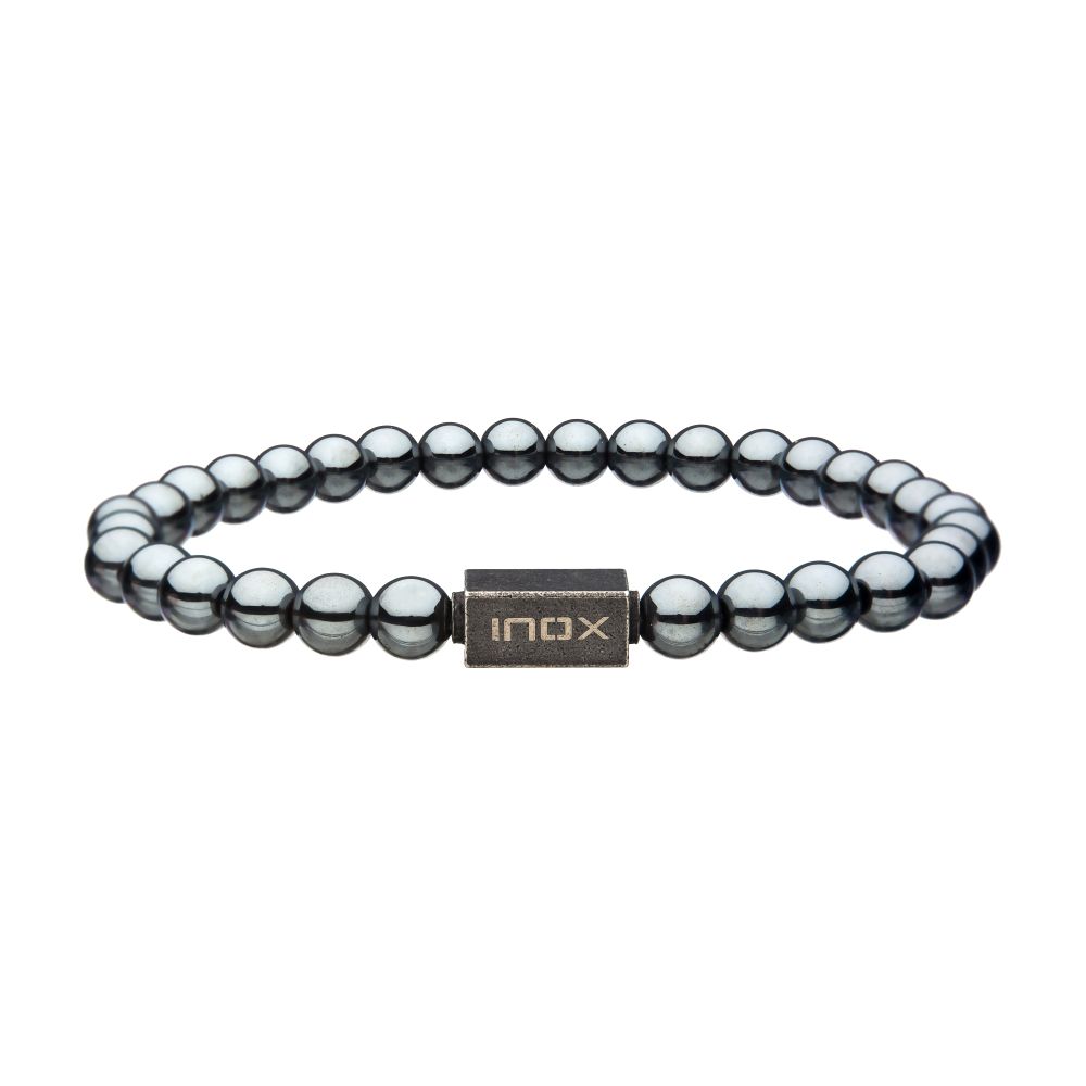 Hematite Gemstone Stretch Bead Bracelet with Steel Clasp