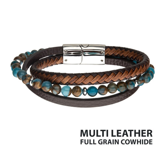 Chrysocolla Beads with Brown Full Grain Cowhide Leather Layered Bracelet