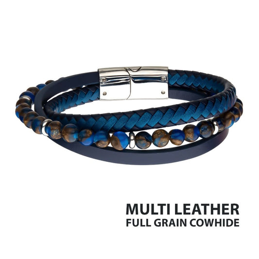 Pietersite Beads with Blue Full Grain Cowhide Leather Layered Bracelet