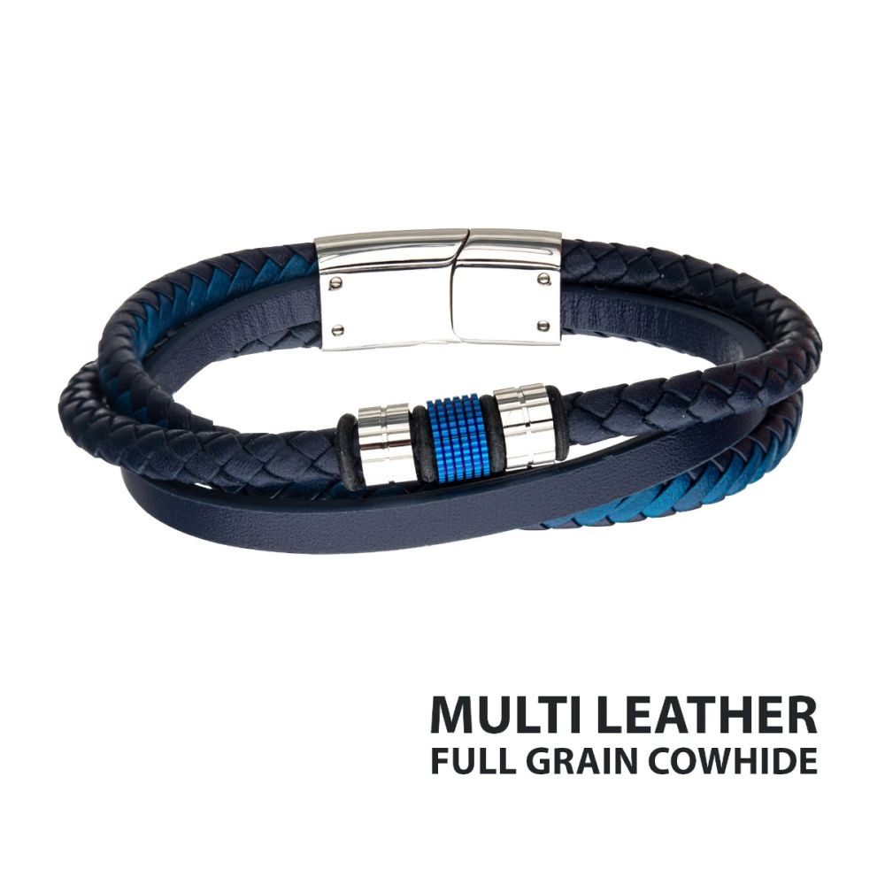 Blue IP Beads with Blue Full Grain Cowhide Leather Layered Bracelet