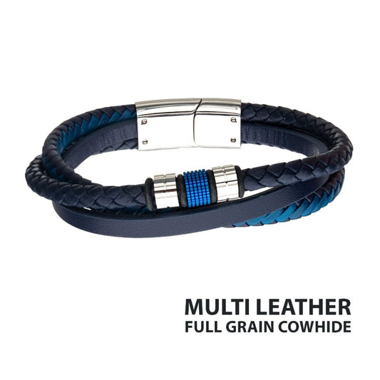 Blue IP Beads with Blue Full Grain Cowhide Leather Layered Bracelet