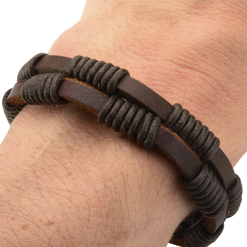 Double Brown Leather Bracelet with Rope