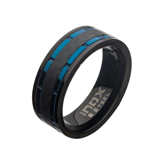 Black Carbon Fiber Hammered Ring with Blue IP Lines