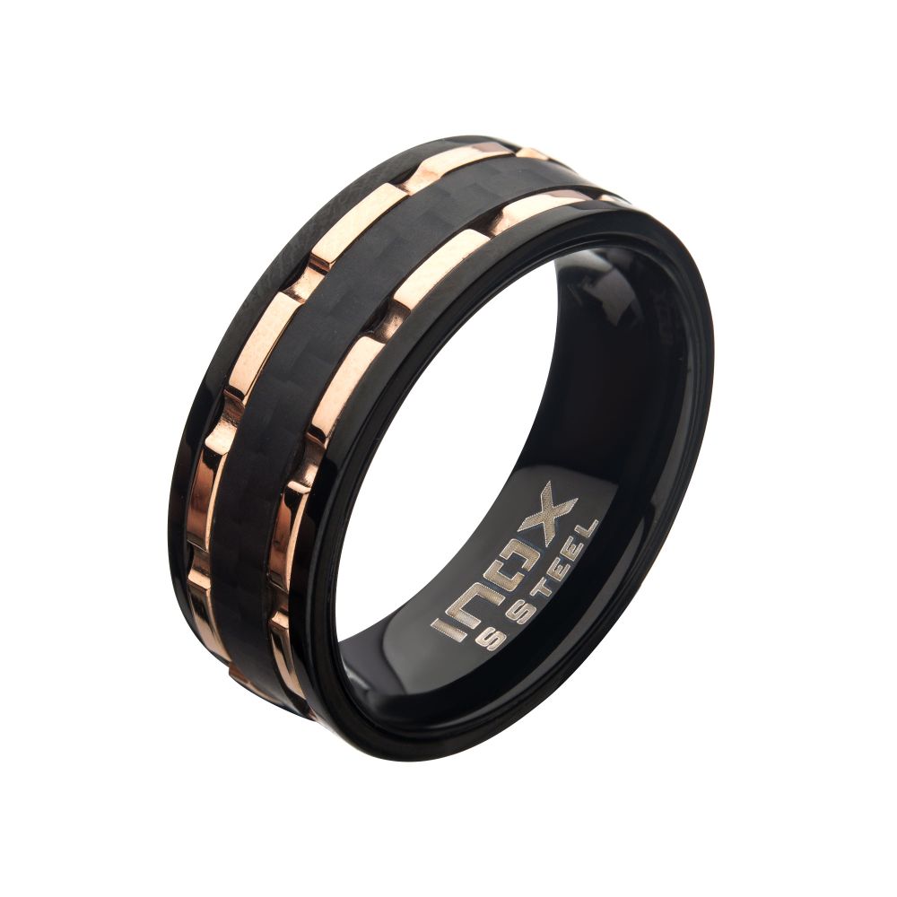 Black Carbon Fiber Hammered Ring with Rose Gold IP Lines