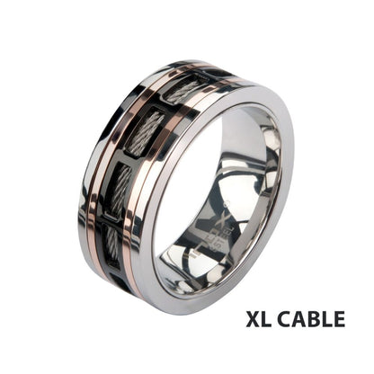 Black & Rose Gold IP Steel Window with Cable Inlay Comfort Fit Ring