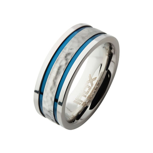 Hammered Steel Center Comfort Fit Ring with Thin Blue IP Lines