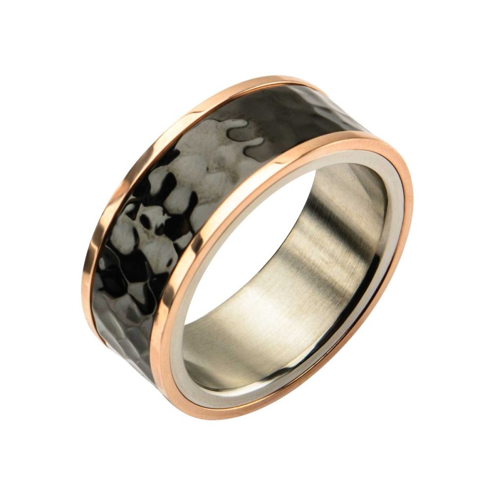 Steel Tri-Tone Hammered Finish Ring