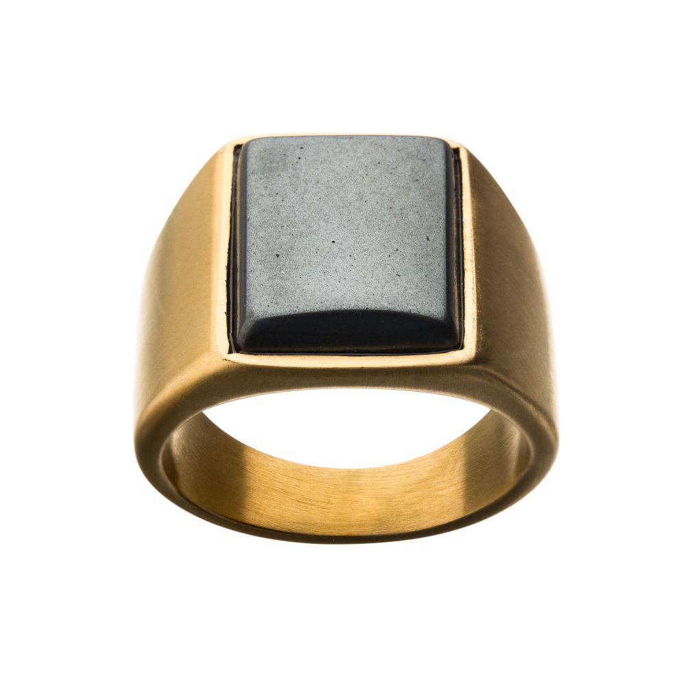 Stainless Steel Matte Gold IP Signet Rings with Polished Hematite