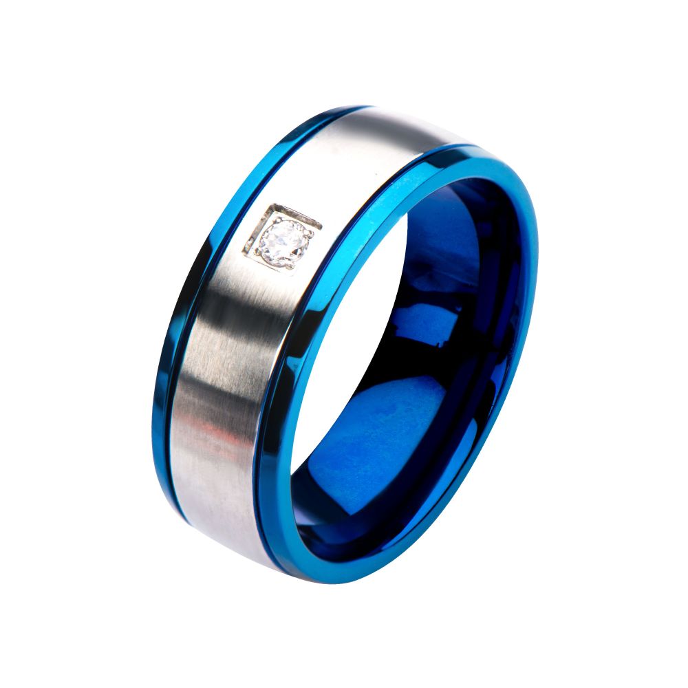 Steel & Blue IP with Clear CZ Polished Ring