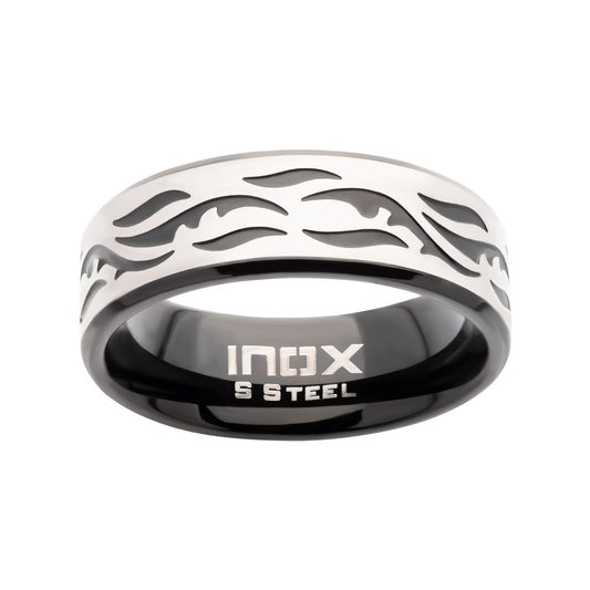 Black IP Steel with Tribal Cut Out Design Comfort Fit Ring