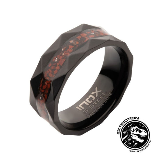 Black IP Steel Red Dinosaur Bone Inlay Comfort Fit Ring