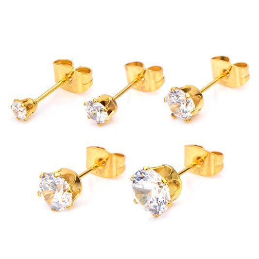 Gold IP Steel with Clear CZ Stud Earrings (Unisex)