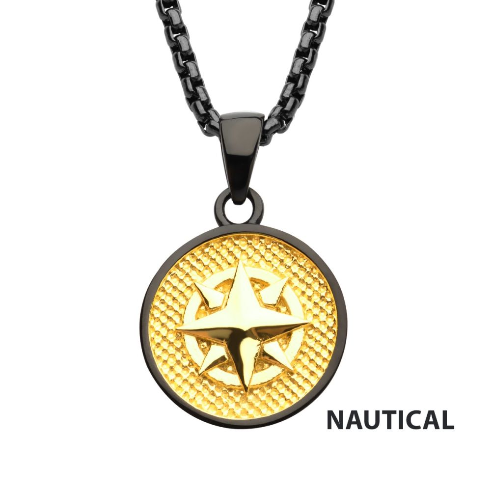 18Kt Gold IP Wayfinder Engravable Compass Medallion Pendant