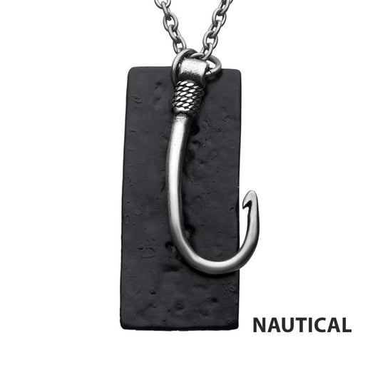 Stainless Steel Antiqued Finish Fish Hook & Black IP Tag Pendant with chain