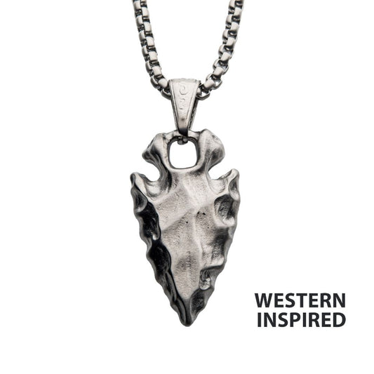 Brushed Steel Chiseled Arrowhead Pendant with Box Chain